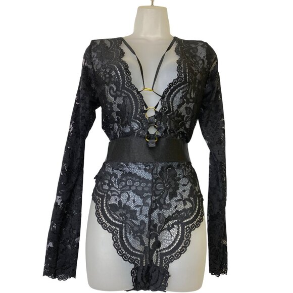 Black Lace XL Long Sleeve Stretch Bodysuit Gold Accents Goth Sexy Vamp Victorian - Picture 5 of 5